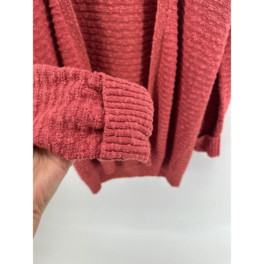 LL Bean Womens Rose Pink Textured Slub 100% Cotton Open Front Cardigan Sweater M
